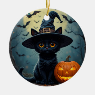 Adorno De Cerámica Gato negro adorable que lleva sombrero de bruja