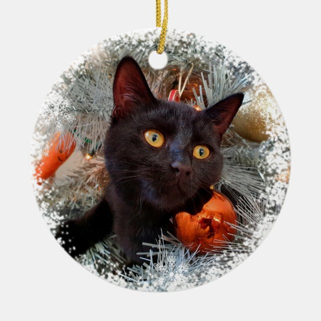 Adorno De Cerámica Gato negro, árbol de Navidad (Frente)