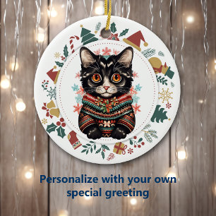 Adorno De Cerámica Gato negro boho en Navidades de suéter invernal