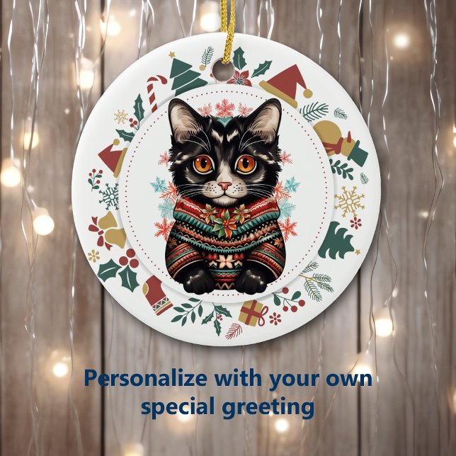 Adorno De Cerámica Gato negro boho en Navidades de suéter invernal (Subido por el creador)