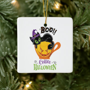 Adorno De Cerámica Gato negro boo, calabaza temerosa café Halloween