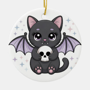 Adorno De Cerámica Gato negro con alas de murciélago moradas abrazand