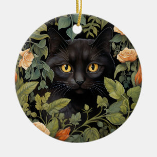 ADORNO DE CERÁMICA GATO NEGRO CON FLORES DE BONITO Y HOJAS