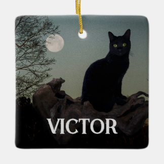 Adorno De Cerámica Gato negro con luna en la punta del árbol