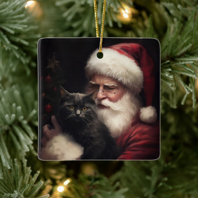 Adorno De Cerámica Gato negro con Navidades festivos de Santa Claus (Árbol)