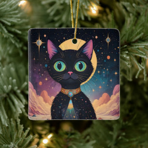 Adorno De Cerámica Gato negro cósmico futurista atómico en luz de lun
