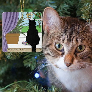 Adorno De Cerámica Gato negro curioso verde humorístico ventana