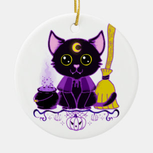 Adorno De Cerámica Gato negro de bruja de Halloween lindo
