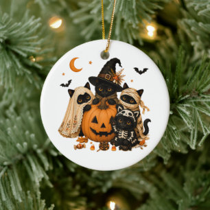 Adorno De Cerámica Gato negro de calabaza de bruja de Halloween