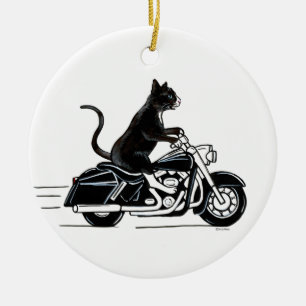 Adorno De Cerámica Gato negro de esmoquin conduciendo una motocicleta
