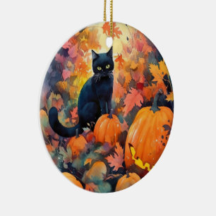 Adorno De Cerámica Gato Negro de Halloween con Calabazas Espeluznante