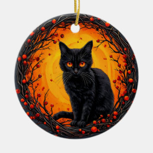 Adorno De Cerámica Gato negro de Halloween con ojos brillantes