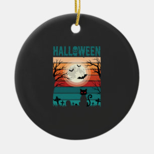 Adorno De Cerámica Gato Negro De Halloween Luna Cementerio Retro Vect