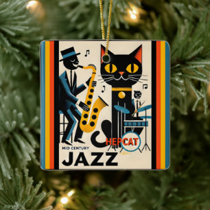 Adorno De Cerámica Gato negro de la era del jazz de mediados de siglo