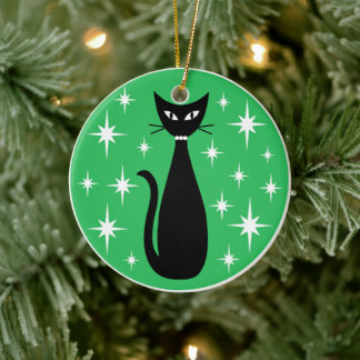 Adorno De Cerámica Gato negro de mediados de siglo con estrellas blan