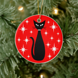 Adorno De Cerámica Gato negro de mediados de siglo con estrellas blan