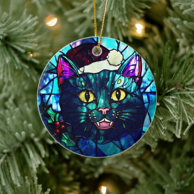Adorno De Cerámica Gato negro de Navidad con vidrieras maullando (Árbol)