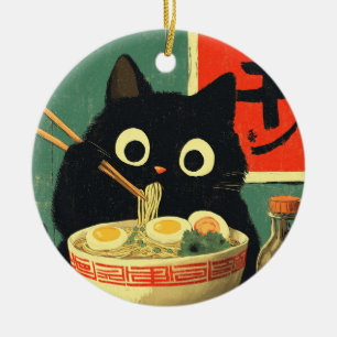 Adorno De Cerámica Gato negro divertido comiendo Ramen