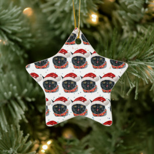 Adorno De Cerámica Gato negro divertido de Navidad en acuarela
