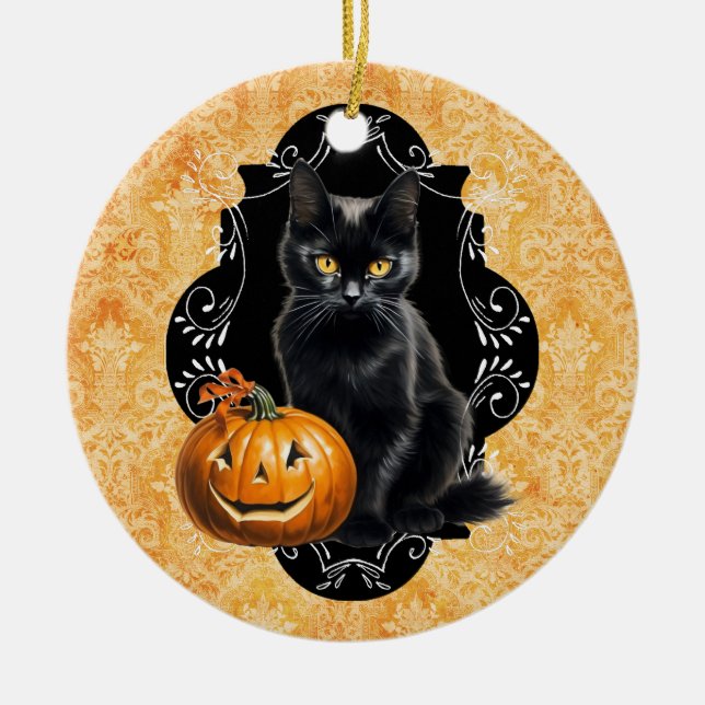 Adorno De Cerámica Gato negro dulce de Halloween y calabaza (Frente)