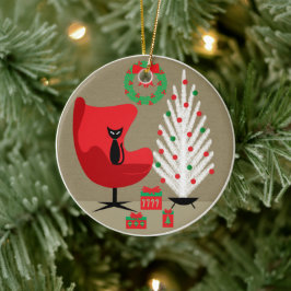 Adorno De Cerámica Gato negro en sala de Navidad de mediados de siglo