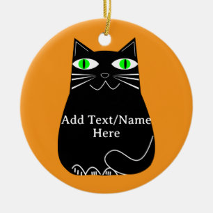 Adorno De Cerámica Gato negro graso con ojos verdes Personalizado tex