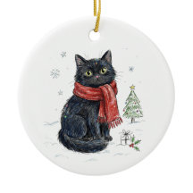 Gato negro lindo con bufanda roja Navidad árbol in