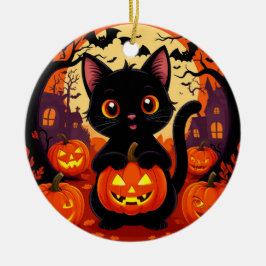 Adorno De Cerámica Gato negro lindo con calabazas de Halloween