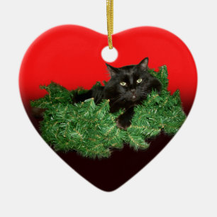 Adorno De Cerámica Gato negro mullido en guirnalda del navidad