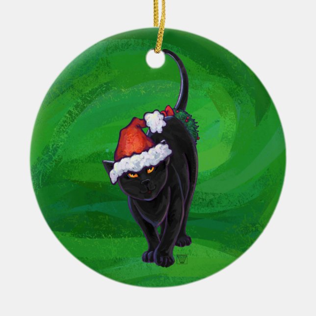 Adorno De Cerámica Gato negro navidad en verde (Frente)