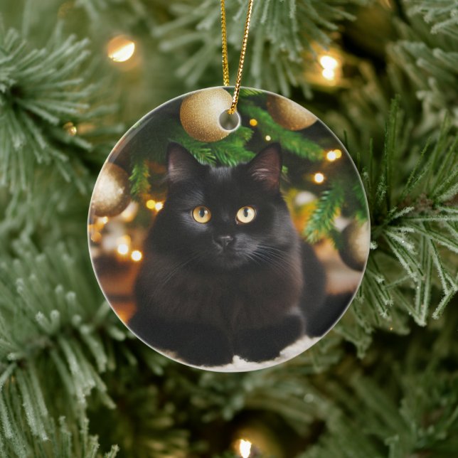Adorno De Cerámica Gato negro personalizado frente al árbol de Navida (Árbol)