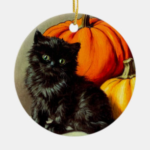 Adorno De Cerámica Gato negro vintage de Halloween y calabazas