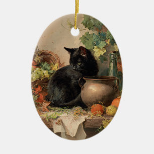 Adorno De Cerámica Gato negro vintage en medio de frutas otoñales