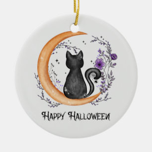 Adorno De Cerámica Gato negro y luna creciente por feliz Halloween