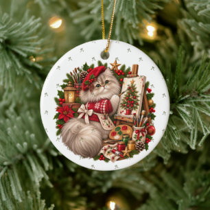 Adorno De Cerámica Gato Persa Boina Roja Pintura Navidad Caballete