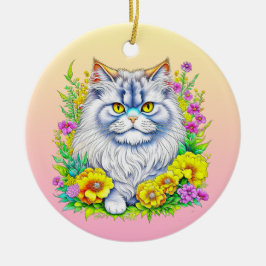 Adorno De Cerámica Gato Persa en Flores Navidad Personalizada