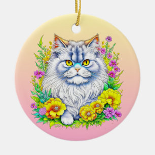 Adorno De Cerámica Gato Persa en Flores Navidad Personalizada