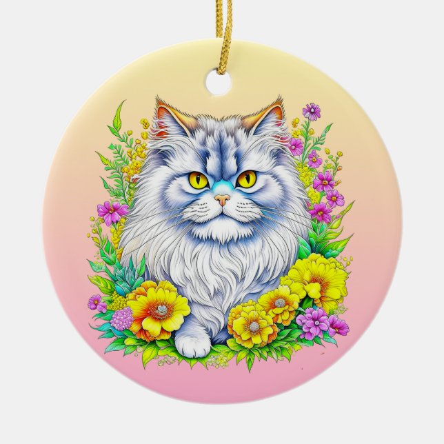 Adorno De Cerámica Gato persa en flores Navidades personalizados (Frente)