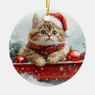 Adorno De Cerámica Gato Persa en Trineo Deja que Nieve Navidad