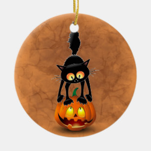 Adorno De Cerámica Gato Personalizado asustado de Halloween en calaba