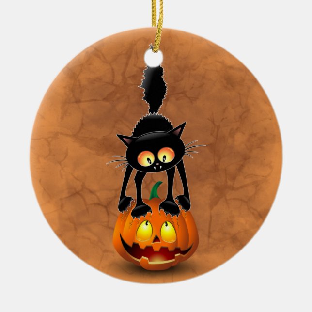 Adorno De Cerámica Gato Personalizado asustado de Halloween en calaba (Frente)