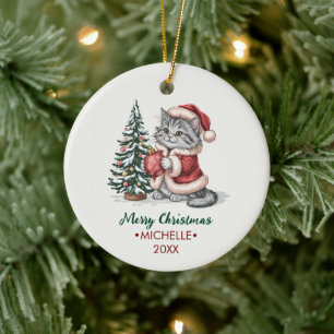 Adorno De Cerámica Gato personalizado con sombrero de Santa árbol de