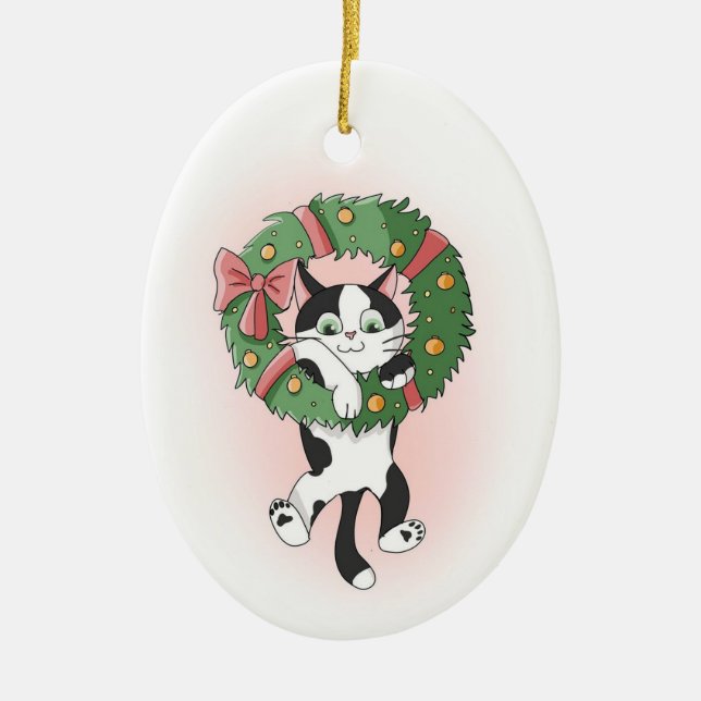 Adorno De Cerámica Gato Personalizado de Navidades Wreath (Frente)