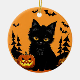Adorno De Cerámica Gato personalizado y calabazas bajo la luna llena