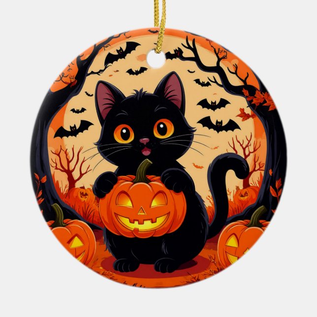 Adorno De Cerámica Gato personalizado y calabazas bajo la luna llena (Frente)