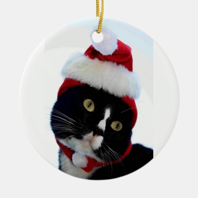 Adorno De Cerámica Gato que lleva la fotografía del gorra de santa, (Frente)