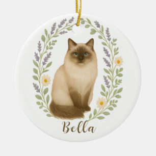 Adorno De Cerámica Gato Ragdoll Floral Marco Nombre Personalizado