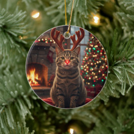 Adorno De Cerámica Gato Rudolph Gatito Reno Divertido Navidad
