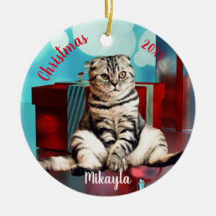 Adorno De Cerámica Gato Scottish Fold Relajado Navidad