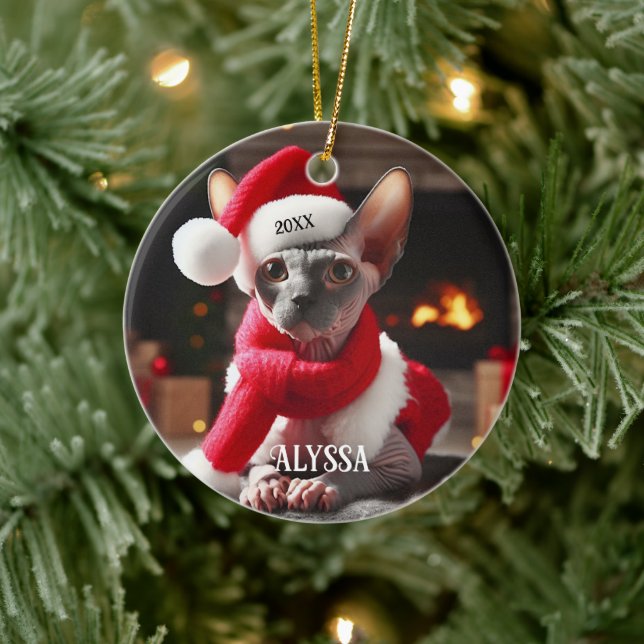 Adorno De Cerámica Gato Sfinx en Navidades de Santa Hat (Árbol)
